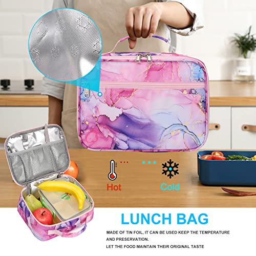 WUUDWALK Girls School Bag Kids' Backpacks Fashion Backpack Teens Bookbag Set,Tie Dye Printed Marble Pattern Backpack with Lunch Bag (Printed marbling of Black)