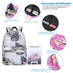 WUUDWALK Girls School Bag Kids' Backpacks Fashion Backpack Teens Bookbag Set,Tie Dye Printed Marble Pattern Backpack with Lunch Bag (Printed marbling of Black)