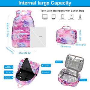 WUUDWALK Girls School Bag Kids' Backpacks Fashion Backpack Teens Bookbag Set,Tie Dye Printed Marble Pattern Backpack with Lunch Bag (Printed marbling of Black)