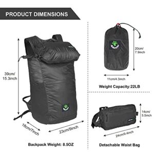 4Monster Hiking Daypack,2 in 1 Water Resistant Lightweight Backpack,Portable Fanny Pack Waist Pack for Travel Camping Outdoor (32L, Black)