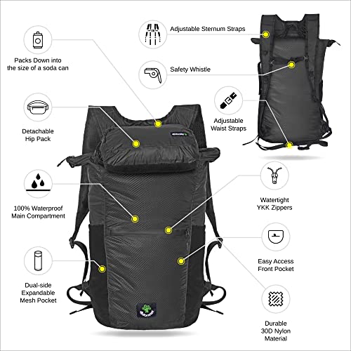 4Monster Hiking Daypack,2 in 1 Water Resistant Lightweight Backpack,Portable Fanny Pack Waist Pack for Travel Camping Outdoor (32L, Black)