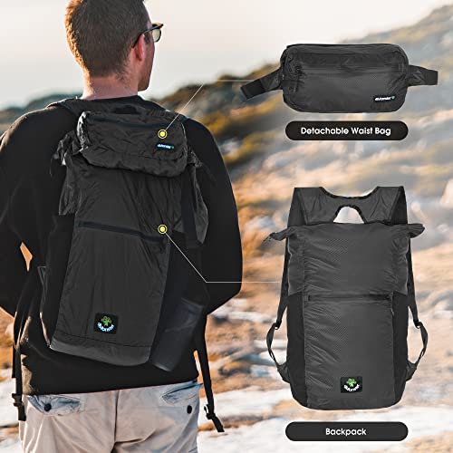 4Monster Hiking Daypack,2 in 1 Water Resistant Lightweight Backpack,Portable Fanny Pack Waist Pack for Travel Camping Outdoor (32L, Black)