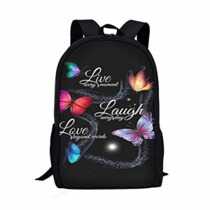 dolyues 17 inches fashion kids girls school bag student backpack for teen, live & laugh & love butterfly graphic bookbag travel outdoor daypack black