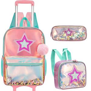 zbaogtw backpack for girls with wheels,rolling backpack for girls with lunch box and pencil bag girls trip luggage