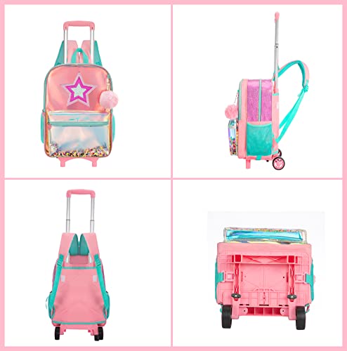 ZBAOGTW Backpack for Girls with Wheels,Rolling Backpack for Girls with Lunch Box and Pencil Bag Girls Trip Luggage