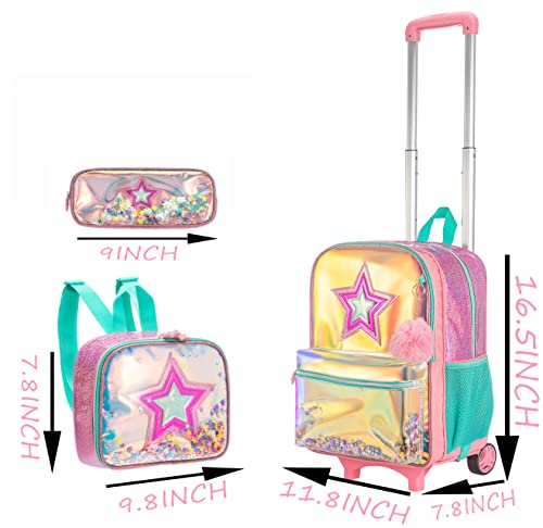 ZBAOGTW Backpack for Girls with Wheels,Rolling Backpack for Girls with Lunch Box and Pencil Bag Girls Trip Luggage