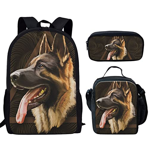 Howilath German Shepherd School Backpack for Boys Girls Backpack Set 3 Pieces with Lunchbox Pencilcase, 17 Inch Backpack Childern School Bag Set Bookbag