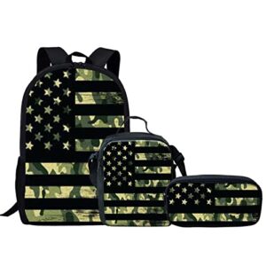 FKELYI Camo Hunting American Flag Backpacks for Girls Boys Camouflage School Bags Backpack Shoulder Bookbag with Lunch Box Pencil Holder