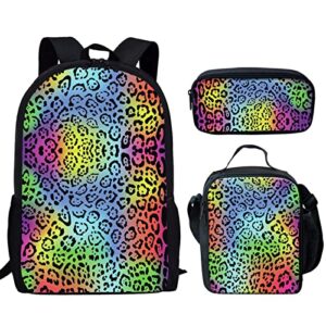 howilath leopard rainbow teenager girls backpack canvas rucksack school book bag with pencil case lunchbox, cheetah spot 17 inch backpack for kids teen girls school student bookbag set