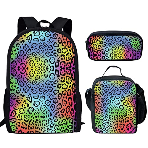 Howilath Leopard Rainbow Teenager Girls Backpack Canvas Rucksack School Book Bag with Pencil Case Lunchbox, Cheetah Spot 17 Inch Backpack for Kids Teen Girls School Student Bookbag Set