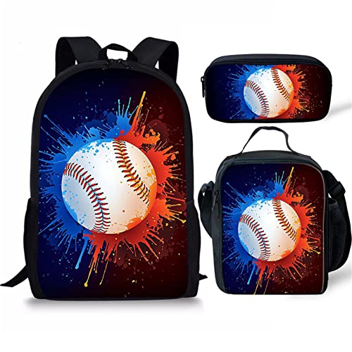 Pensura Elementary Backpack with Baseball Printed Kids School Backpack for Boys Laptop Backpack,Big Capacity Pencil Bag Pen Pouch and Outdoor Picnic Tote Lunch Bags for Girls Teenage,Set of 3