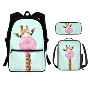 pensura 3 piece cute giraffe print school backpack for kids girls laptop backpack school bag casual daypack insulated lunch bag tote meal pack stationery pencil case school supplies,mint green