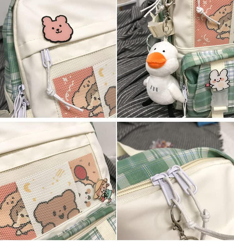 KOWVOWZ Kawaii Plaid Backpack with Pin Cute Cartoon Plush Pendant for Girl School Bag (Green)