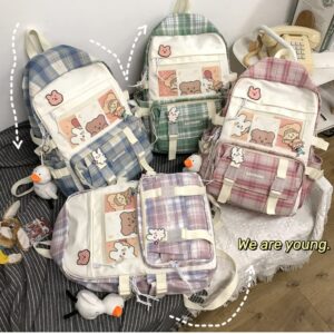 KOWVOWZ Kawaii Plaid Backpack with Pin Cute Cartoon Plush Pendant for Girl School Bag (Green)