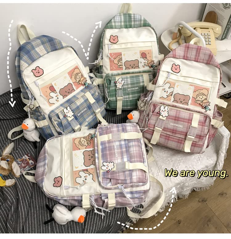 KOWVOWZ Kawaii Plaid Backpack with Pin Cute Cartoon Plush Pendant for Girl School Bag (Green)