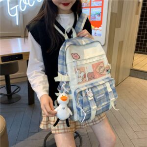 KOWVOWZ Kawaii Plaid Backpack with Pin Cute Cartoon Plush Pendant for Girl School Bag (Green)