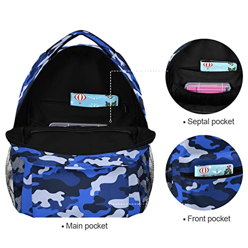 ZZKKO Camo Camouflage Blue School Backpacks Book Bag for Boys Girls Travel Hiking Camping Daypack Work Laptop Backpack