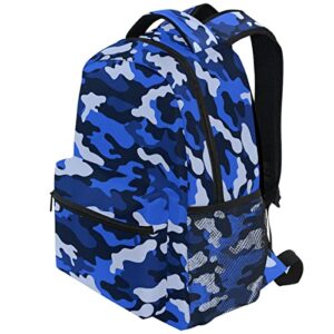 ZZKKO Camo Camouflage Blue School Backpacks Book Bag for Boys Girls Travel Hiking Camping Daypack Work Laptop Backpack