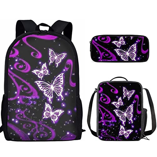 Babrukda Kids School Bookbag Set, Boys Girls Butterfly Purple Pattern Backpack Travel Casual Rucksack with Umbrella Drinks Side Pocket, Student Book Bag with Lunch Bag Pencil Case 3 pcs