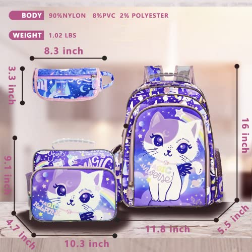 16 Inch Girls Backpack with Lunch Box and Pencil Case 3 in 1 Cute Purple Cat Backpacks for Girls Kindergarten Preschool Elementary Kawaii Kids Backpack with Bento Lunch Bag