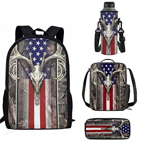 Coloranimal Fashion Backpack for Teen Girls Boys American Flag Camo Deer Hunting Printing Kids School Book Bag/Pencil Case/Lunchbox/Water Bottle Sleeve