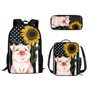 stuoarte 3 piece pig backpack set american flag sunflowe print bookbag with lunch box pencil case, fashion school book bag for kids teens middle school daypack