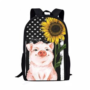 STUOARTE 3 Piece Pig Backpack Set American Flag Sunflowe Print Bookbag with Lunch Box Pencil Case, Fashion School Book Bag for Kids Teens Middle School Daypack