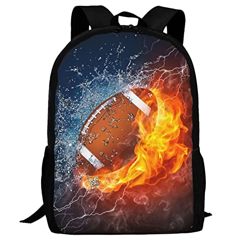 ALIFAFA American Football School Backpack for Boys/Girls 17 Inch Black Boy Backpack,Cool Design Rugby Ball In Fire and Water Casual Daypack Sports Backpack Bookbags for Man Woman Teens Boys Girls