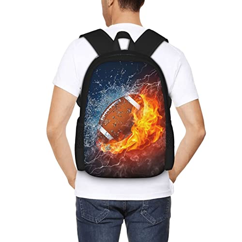 ALIFAFA American Football School Backpack for Boys/Girls 17 Inch Black Boy Backpack,Cool Design Rugby Ball In Fire and Water Casual Daypack Sports Backpack Bookbags for Man Woman Teens Boys Girls