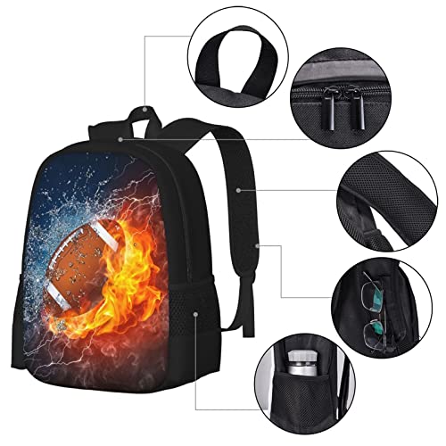 ALIFAFA American Football School Backpack for Boys/Girls 17 Inch Black Boy Backpack,Cool Design Rugby Ball In Fire and Water Casual Daypack Sports Backpack Bookbags for Man Woman Teens Boys Girls