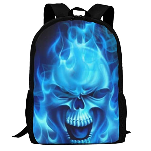 ALIFAFA Skull School Backpack Cool Skull with Blue Fire Bookbag for Boys Girls Elementary Middle High College School Casual Travel Bag Computer Laptop Daypack Rucksack, 17 Inch