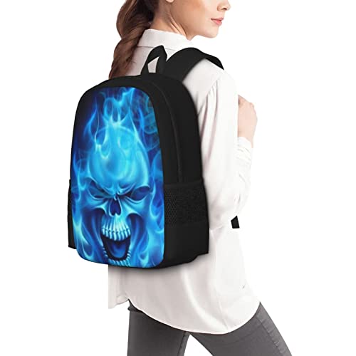 ALIFAFA Skull School Backpack Cool Skull with Blue Fire Bookbag for Boys Girls Elementary Middle High College School Casual Travel Bag Computer Laptop Daypack Rucksack, 17 Inch