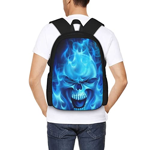 ALIFAFA Skull School Backpack Cool Skull with Blue Fire Bookbag for Boys Girls Elementary Middle High College School Casual Travel Bag Computer Laptop Daypack Rucksack, 17 Inch