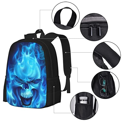 ALIFAFA Skull School Backpack Cool Skull with Blue Fire Bookbag for Boys Girls Elementary Middle High College School Casual Travel Bag Computer Laptop Daypack Rucksack, 17 Inch