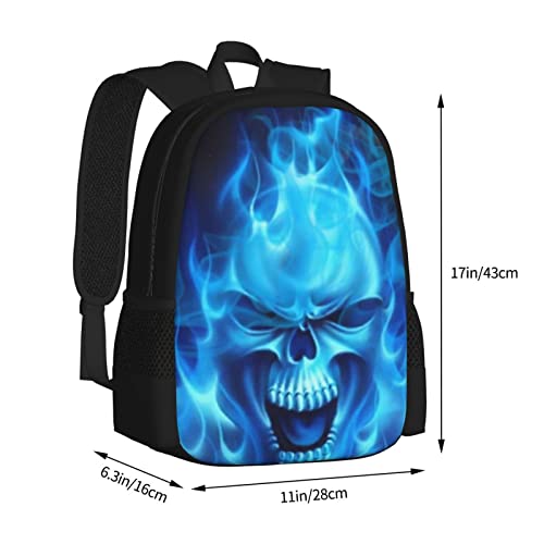 ALIFAFA Skull School Backpack Cool Skull with Blue Fire Bookbag for Boys Girls Elementary Middle High College School Casual Travel Bag Computer Laptop Daypack Rucksack, 17 Inch