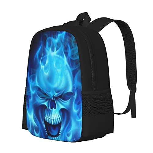 ALIFAFA Skull School Backpack Cool Skull with Blue Fire Bookbag for Boys Girls Elementary Middle High College School Casual Travel Bag Computer Laptop Daypack Rucksack, 17 Inch