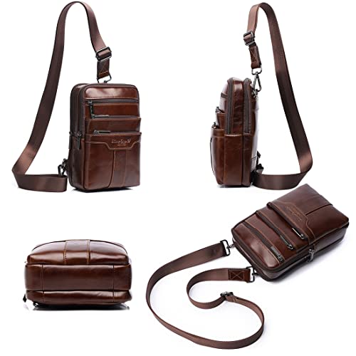 Cow Genuine Leather Sling Bag Outdoor Camping Crossbody Shoulder Chest Daypack 1-Brown