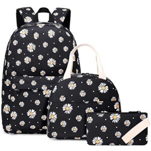 kouxunt daisy girls school backpacks for kids teens, 3-in-1 school bag bookbags set with lunch bag pencil case (black)