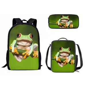 stuoarte 3d frog backpack for school, kids backpack with lunch box 17 inch large capacity bookbag kids school backpack set with lunch box pen holder case, lightweight schoolbag for children