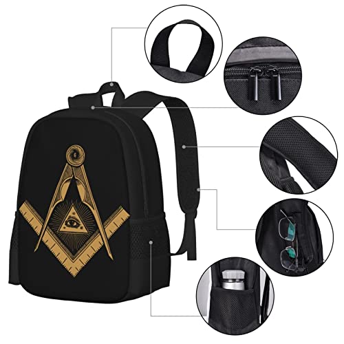 UIACOM Lightweight Masonic Freemason Logo Square and Compasses and Eye Of Providence School Bag Daypack College Backpack for Men Women Travel Rucksack for Sports High School Middle Bookbag