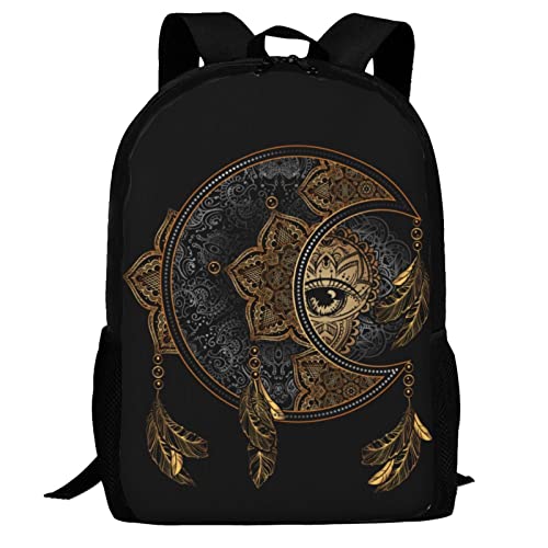 UIACOM Boho Moon Sun Dream Catcher Backpack Bookbag Chic Golden Magic Astrology Mandala Shoulder Bags Personalized Laptop Travel School Bag for Men Women Teens College