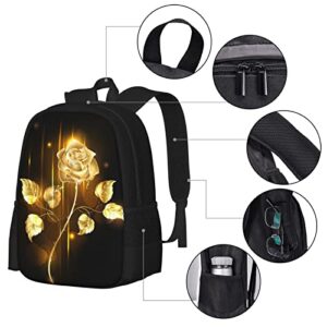 UIACOM Rose Backpacks Golden Sparkle Rose Floral Flower on Black School Bags Travel Backpacks Laptop School Bookbag Lightweight 17 inch Large Daypack Rucksack for Women Men Teens Kids