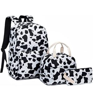 Xunteny Cow Print Girls School Backpack for Kids Teens, Elementary Middle School Backpacks Bookbag Set with Lunch Bag Pencil Case