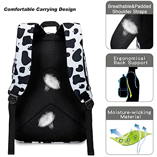 Xunteny Cow Print Girls School Backpack for Kids Teens, Elementary Middle School Backpacks Bookbag Set with Lunch Bag Pencil Case