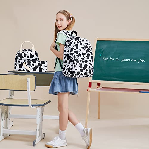 Xunteny Cow Print Girls School Backpack for Kids Teens, Elementary Middle School Backpacks Bookbag Set with Lunch Bag Pencil Case