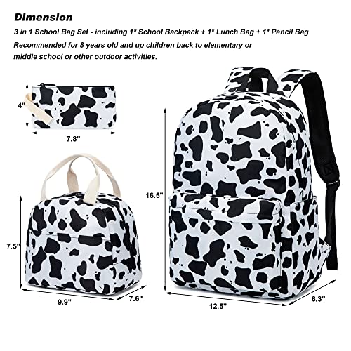 Xunteny Cow Print Girls School Backpack for Kids Teens, Elementary Middle School Backpacks Bookbag Set with Lunch Bag Pencil Case