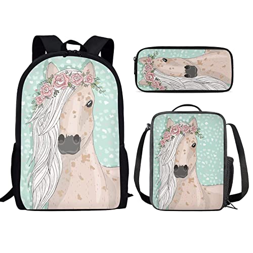 POLERO Floral Horse Backpack for Women Girls Cute Horses Schoolbag Sets for Casual 3pcs Rucksack + Pencil Bag + Lunch Box