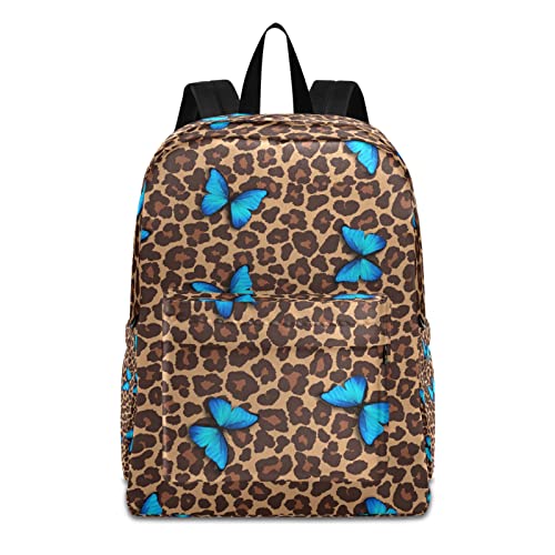 Blue Butterfly Leopard Cheetah Print Backpack, Travel Rucksack Lightweight School Bookbag Daypack for Adults Teen Students Boys Girls One Size