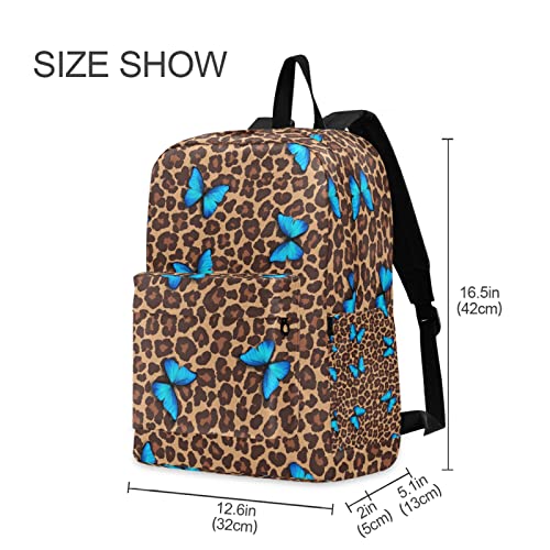 Blue Butterfly Leopard Cheetah Print Backpack, Travel Rucksack Lightweight School Bookbag Daypack for Adults Teen Students Boys Girls One Size