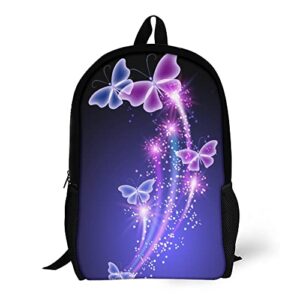 one to promise butterflies school backpack watercolor blue purple butterfly with shining dots bookbags adjustable travel daypack water resistant shoulders school bag for womens mens teens boys girls